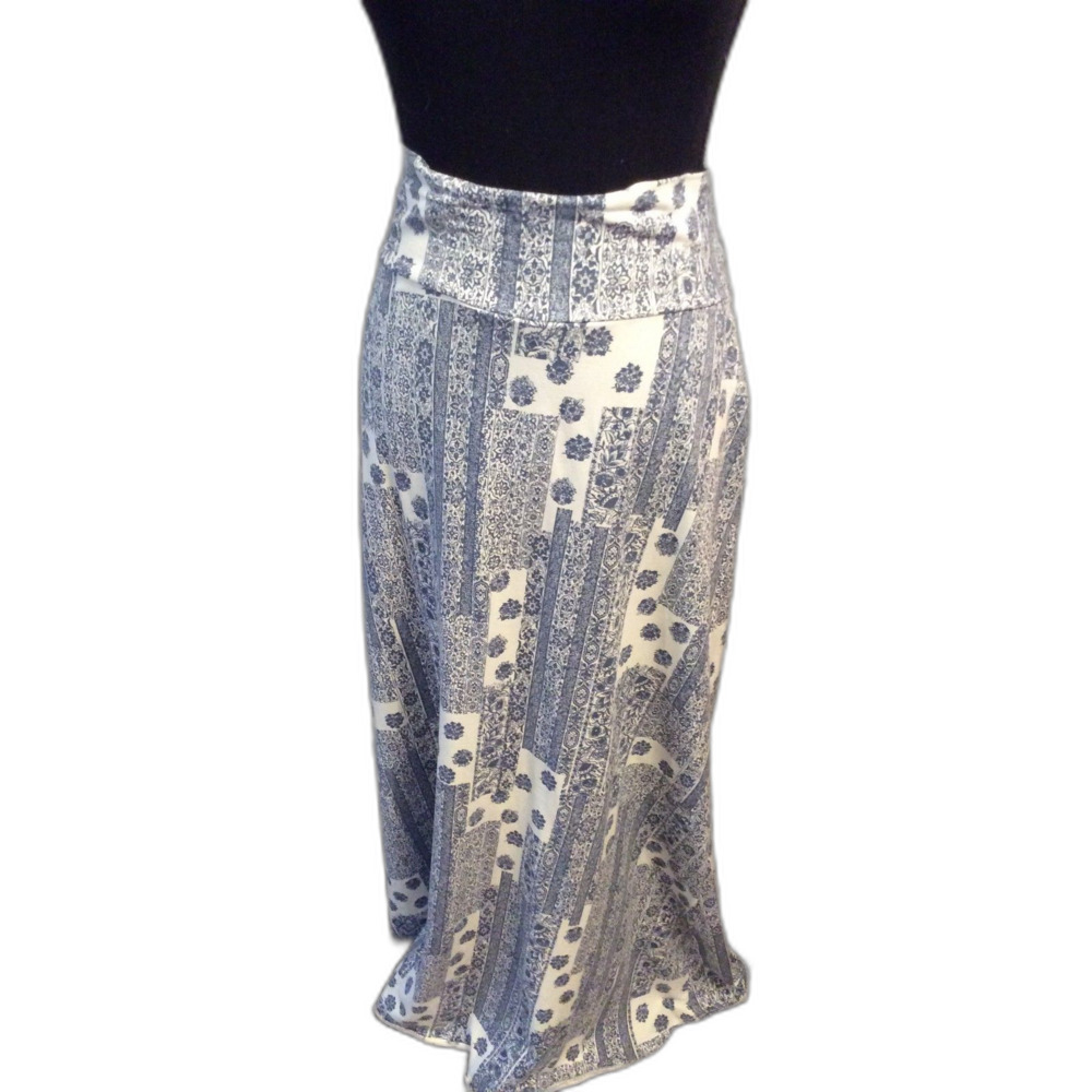 O'Neill Large L Soft Maxi Skirt Blue White Fold Over Waist Floral Denim Color